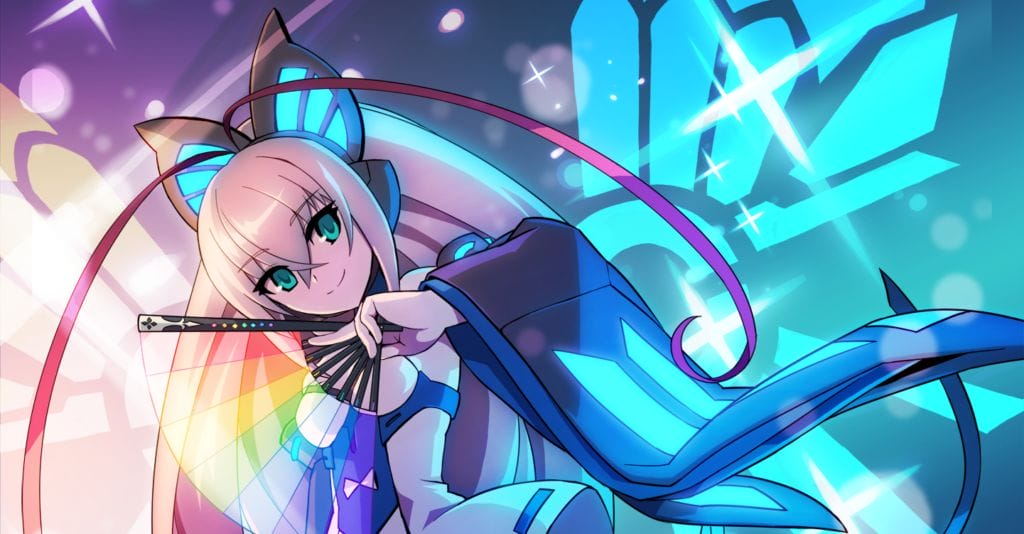 Lumen from Azure Striker Gunvolt: a blonde woman wearing clothes with a butterfly motif; she is holding a rainbow-colored folding fan.