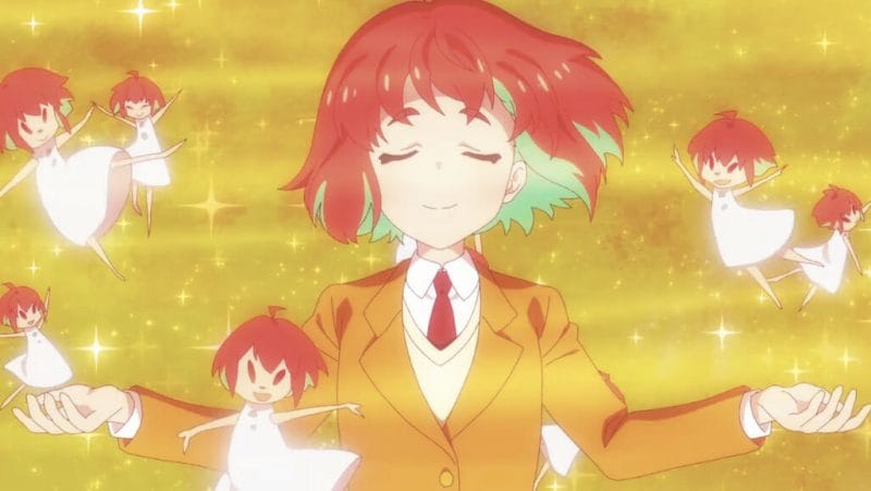Kana using her Healing powers, eyes closed and arms outstretched against a sparkling orange backdrop
