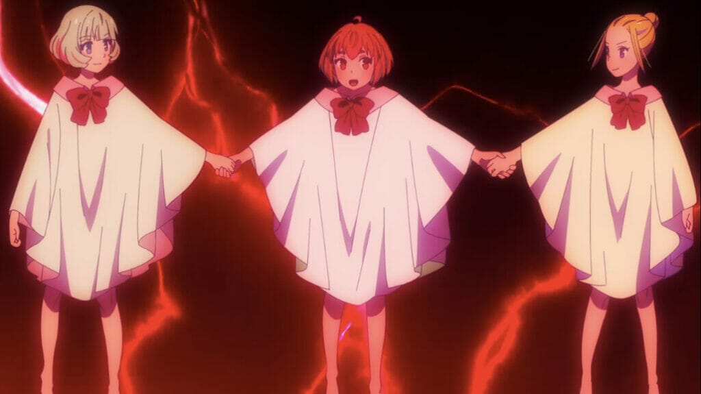 The three main characters from Healer Girl in white cloaks, holding hands and singing against a red backdrop