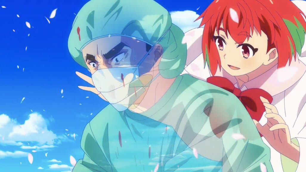 Kana singing to help a surgeon. She is superimposed behind him, half transparent