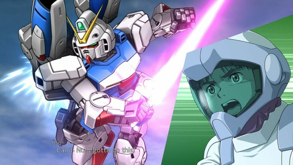 Vẫn từ Super Robot Wars 30 mô tả Amuro Ray hét lên chống lại hình ảnh một Gundam cầm kiếm chùm tia màu tím