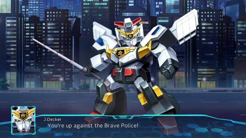 Vẫn từ Super Robot Wars 30 mô tả cảnh sát robot J-Decker.  Chữ: "Bạn đang chống lại Cảnh sát dũng cảm!"