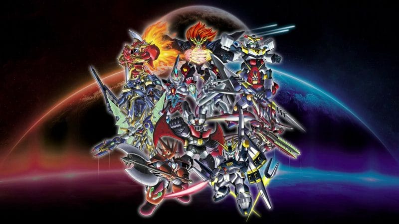 Key art for Super Robot Wars 30, that depicts an array of mecha posing in space, against a planet.