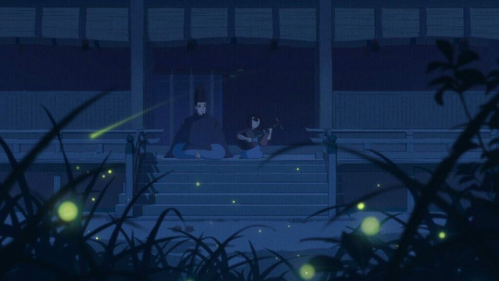 Biwa and Shigemori sitting together on a dark porch. Fireflies light up the foreground