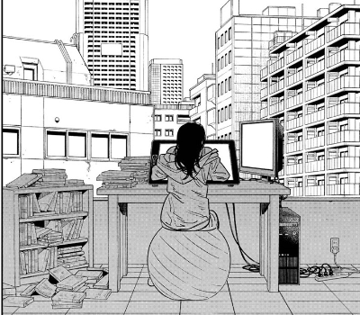 Fujino at her desk, seen from behind and cast in shadow