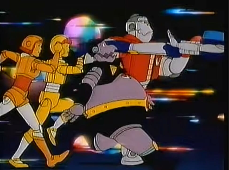 Still from The Mighty Orbots, which depicts four robots running against a space background.