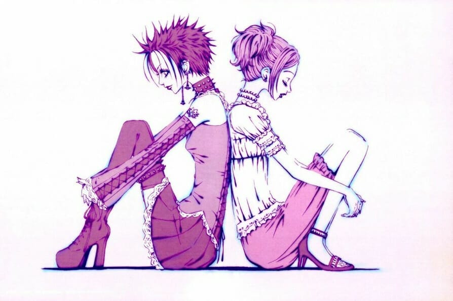 A punk woman with spiky hair and a preppy woman with twin tails sit, back to back against each other.