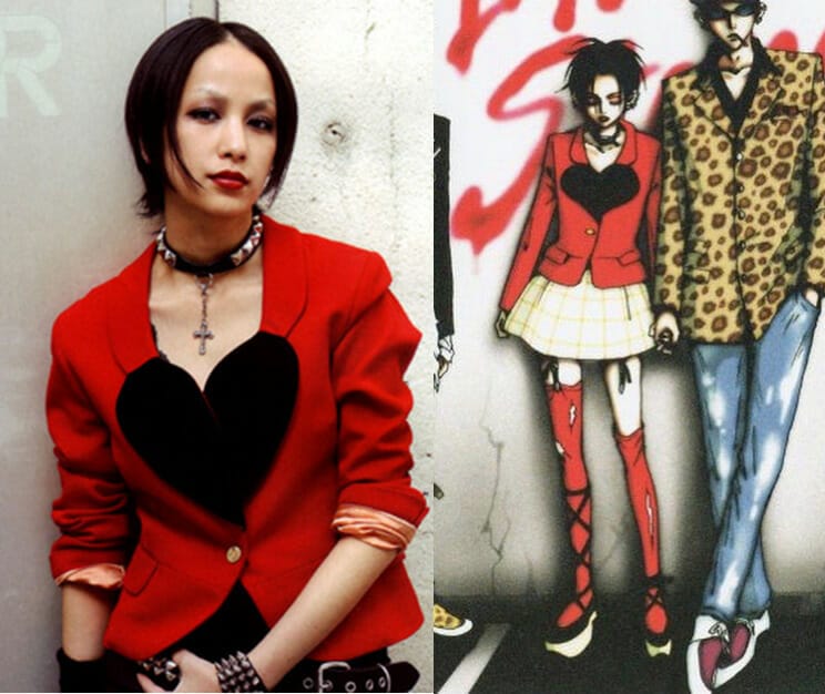 Bên trái: Ảnh quảng cáo từ phim live-action NANA, trong đó Nana Osaki tạo dáng trong chiếc áo cộc tay màu đỏ.  Ở bên phải, một hình ảnh từ bìa truyện tranh NANA, trong đó Nana Osaki đang mặc một chiếc áo cộc tay màu đỏ và một chiếc váy trắng.