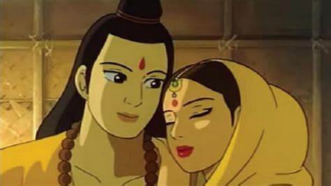 Still from the Ramayana anime, which depicts a man and a woman leaning against one another. The woman is wearing a yellow headscarf, her eyes closed as the man looks at her.