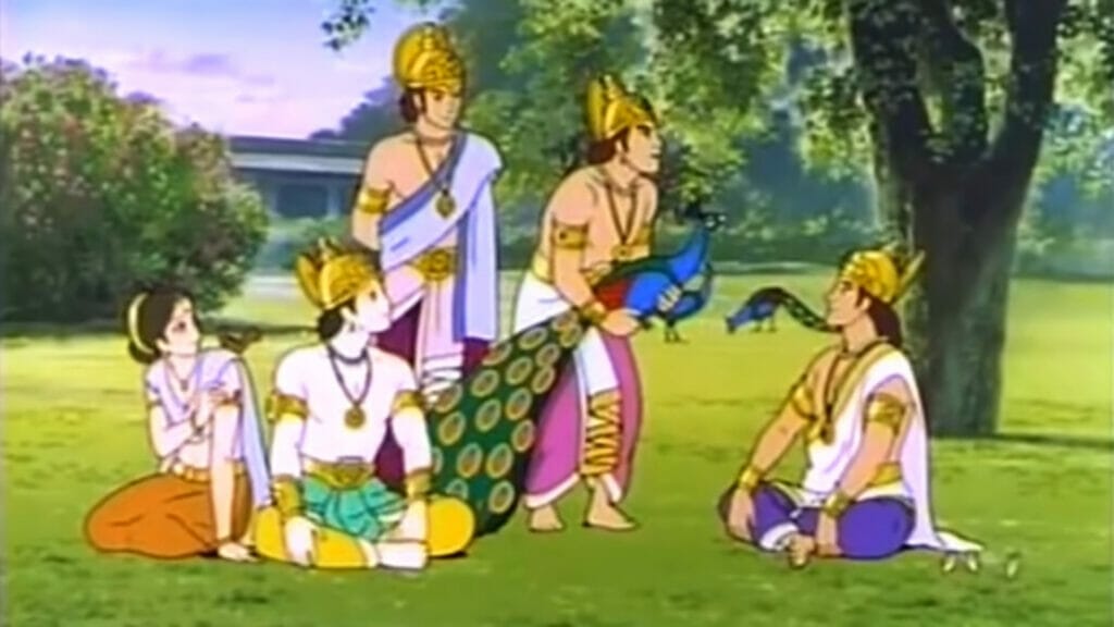 Still from the Ramayana anime, which depicts four people in a green field, one of whom is holding a peacock.