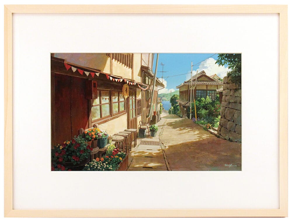 Painting of a street lined with houses on a sunny day.