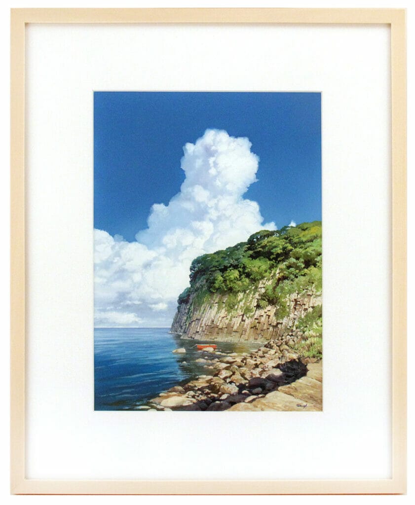 Painting of a cliffside, against a brilliant blue sky.