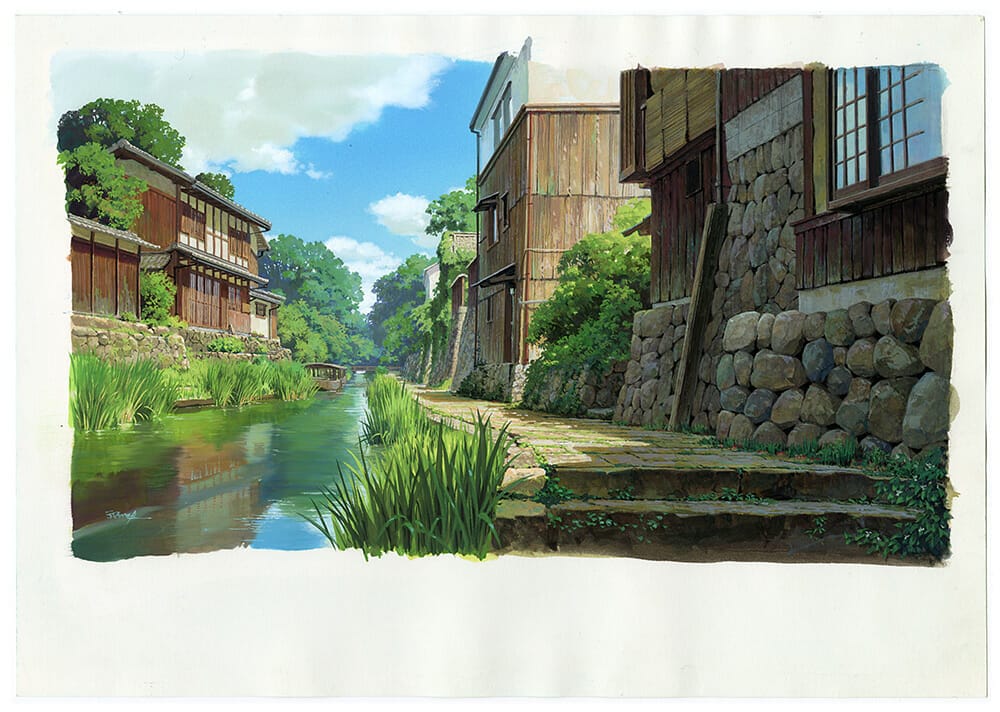 Painting of a series of homes that run along a river. A stone sidewalk is lain alongside the water.