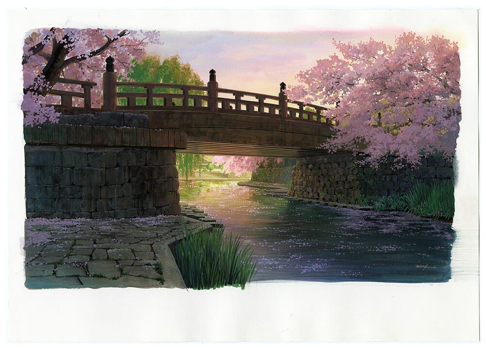 Tranh cây cầu gỗ bắc qua sông lúc hoàng hôn.  Cây cầu nằm giữa những cây hoa anh đào ở hai bên.