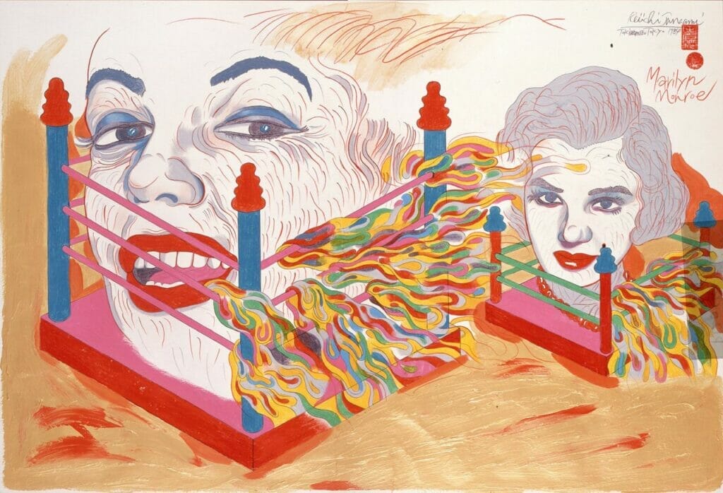 Painting of Marilyn Monroe and an older version of her, erupting from platforms ringed with colored ribbons.