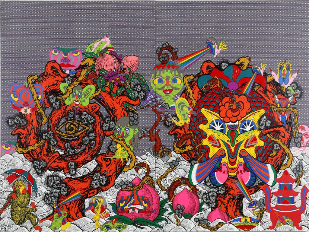 Một phong cảnh siêu thực với các nhân vật nữ được vẽ bằng màu sặc sỡ trên nền xám.