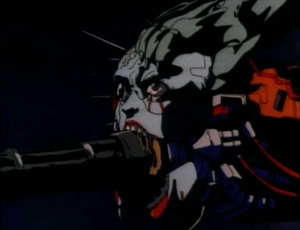 Screenshot from Genocyber. A grey woman's head looks dully, eyes wide as a gun barrel extends from its mouth.,