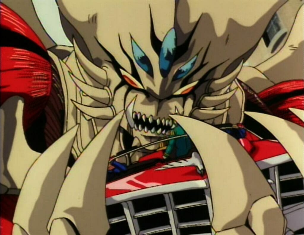 Screenshot from Genocyber. A gigantic monster stares at a red car that it's holding in its hand.