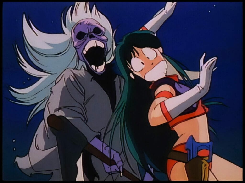 Screenshot from Time Gal that depicts a green-haired, bikini-clad woman jumping in fright as a zombie chases her.