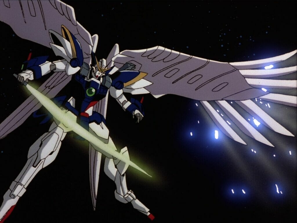 Screenshot from Mobile Suit Gundam Wing: Endless Waltz that depicts Wing Zero Custom, a red-white-and-blue robot with angelic wings, holding a green beam sword.