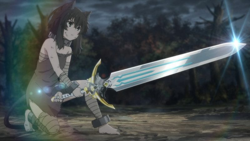 Screenshot from Reincarnated As A Sword, depicting a dark-haired catgirl holding an ornate sword with eyes.