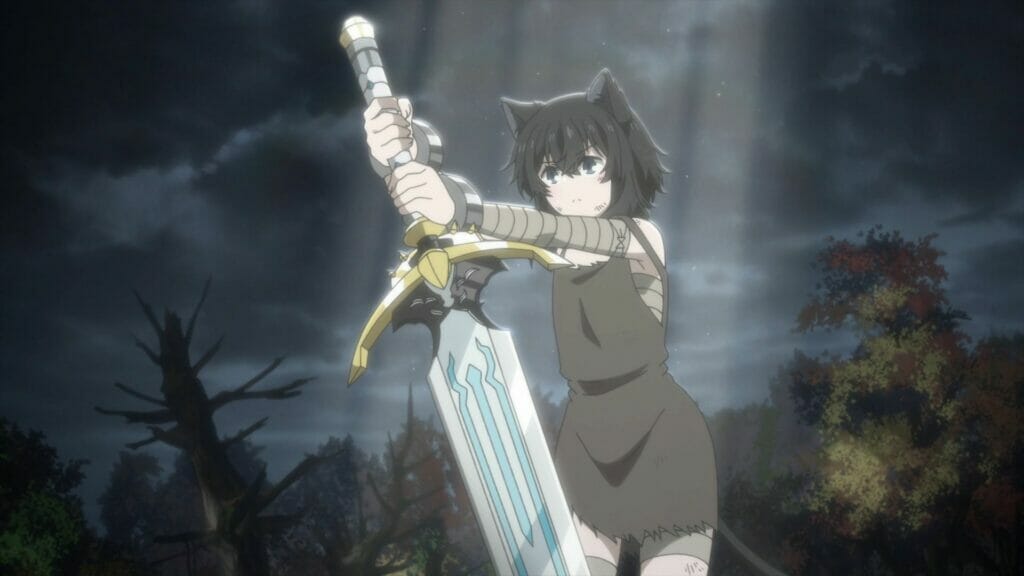 Screenshot from Reincarnated As A Sword, depicting a dark-haired catgirl holding an ornate sword.