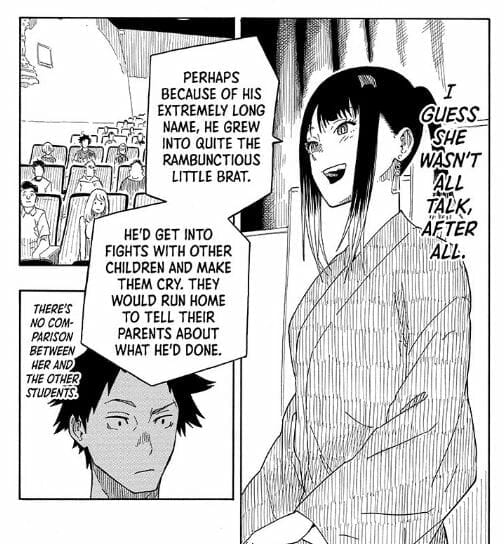 Panel from the Akane-banashi manga that depicts a girl in a kimono kneeling as she faces a crowd, smiling as she speaks. A dark-haired man looks on.Text: "I guess she wasn't all talk, after all." Text: "Perhaps because of his extremely long name, he grew into quite the rambunctious little brat. He'd get into fights with other children and make them cry. They would run home to tell their parents about what he'd done." Text: "There's no comparison between her and the other students."