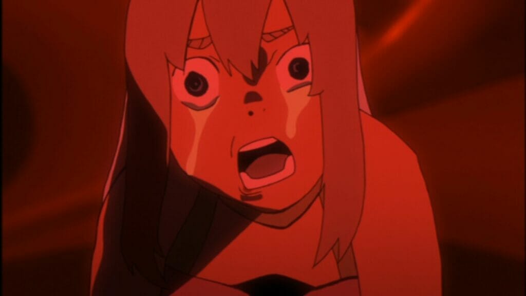 Screenshot from Birdy the Mighty: Decode that depicts a crying girl, presented in a red wash.