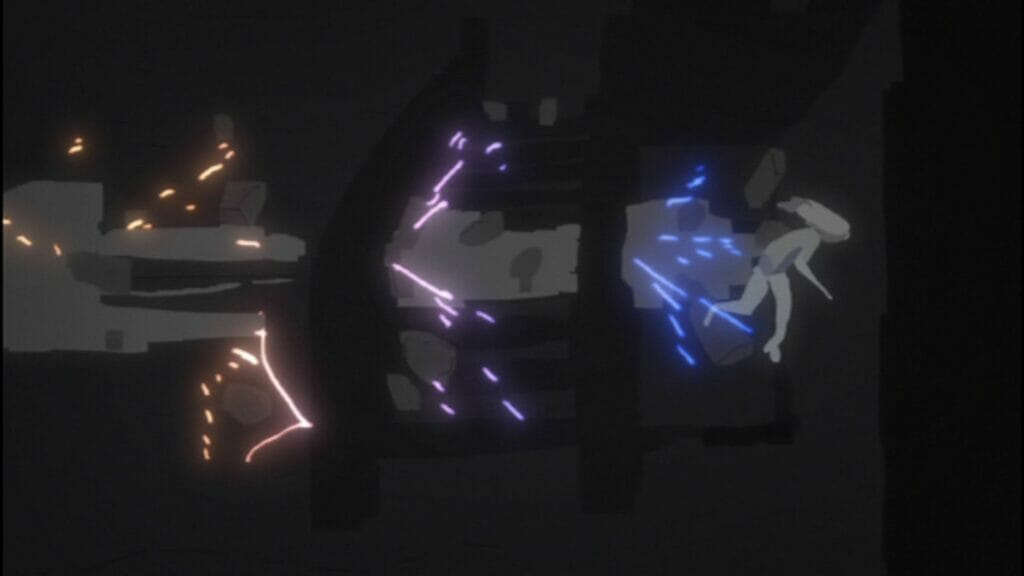 Screenshot from Birdy the Mighty: Decode 02 that depicts a low-definition image of a woman being slammed through several walls, as colored sparks rise up from each impact.