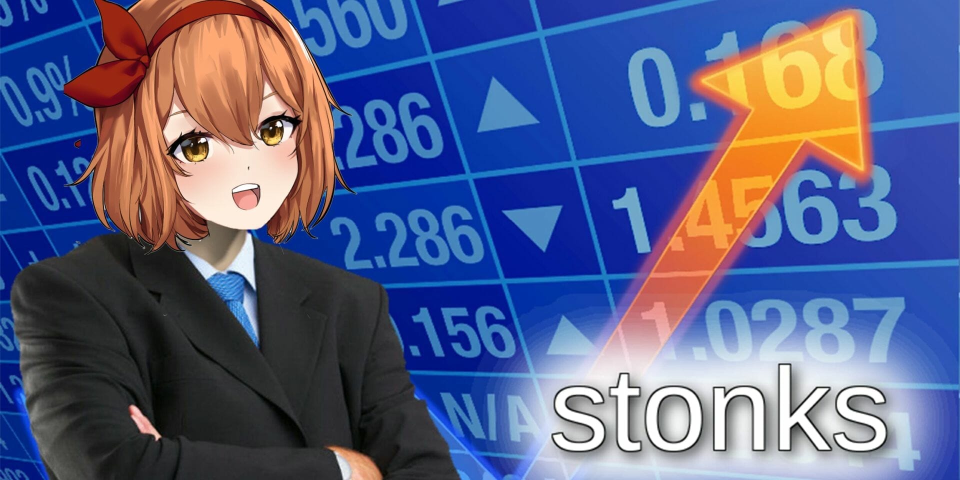 Image of a person in a suit standing in front of a series of numbers, who has a red-haired anime girl's head pasted over his. An orange line and the word "stonks" is to the character's right.