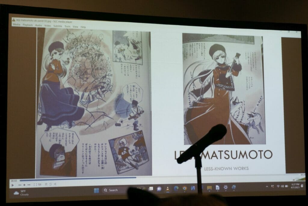 PowerPoint slide featuring art of a blonde woman in red, wearing a black hat.

Text: Leiji Matsumoto: Less-Known Works