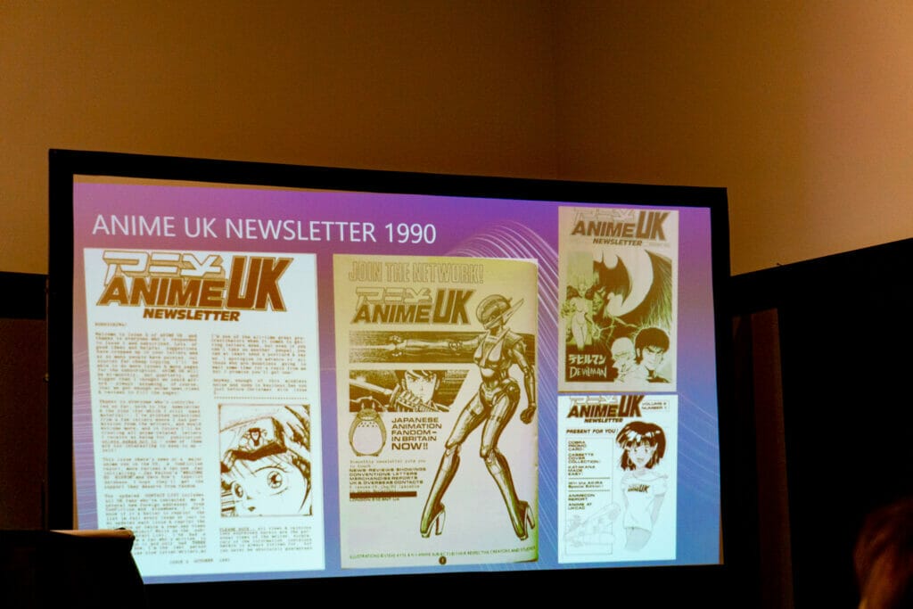 Photo of a PowerPoint slide depicting scans of the Anime UK Newsletter Text: Anime UK Newsletter 1990