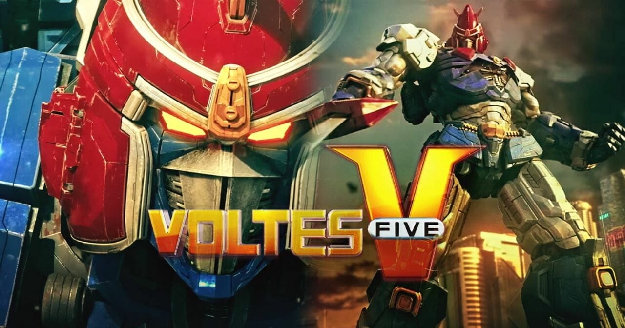 Photo of Voltes V, a red, yellow, blue, and silver robot. A logo that reads "Voltes V Legacy" is splayed across the image.