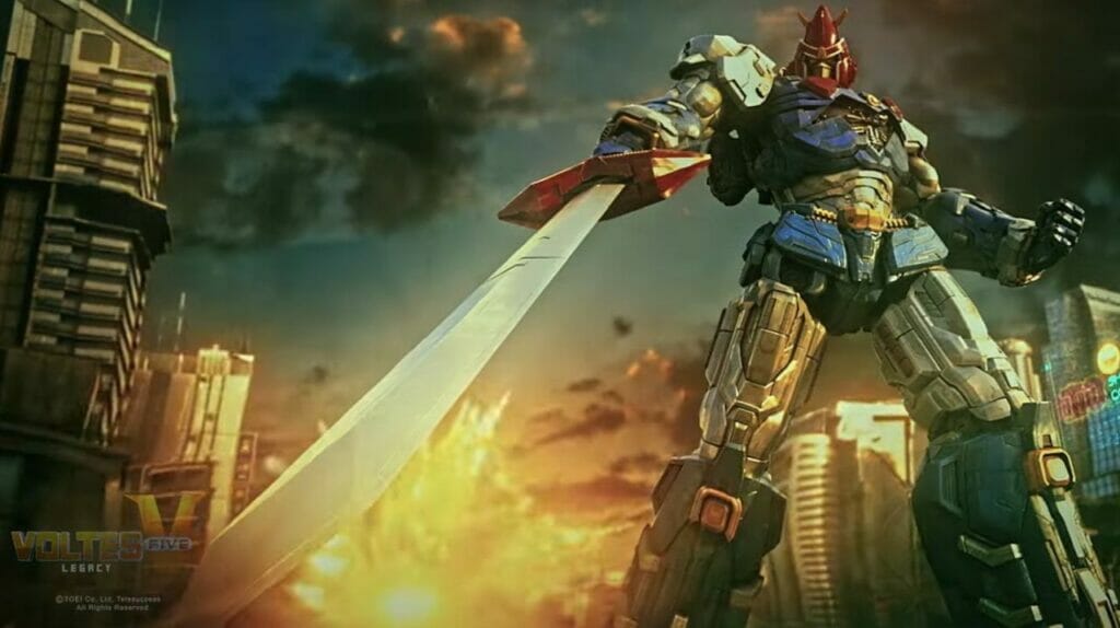 Photo of Voltes V, a red, yellow, blue, and silver robot as it holds a gigantic sword in a ruined cityscape.