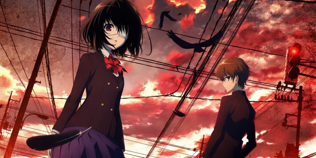 Promotional image for PA Works Another featuring Misaki Mei and Kouichi Sakakibara against a red sky
