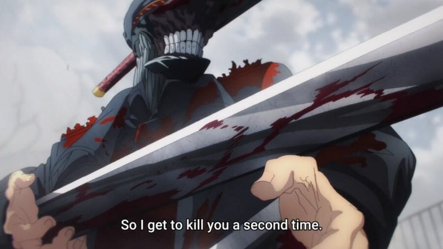 A man in black armor stands as a blade erupts from his body. Text: So I get to kill you a second time.