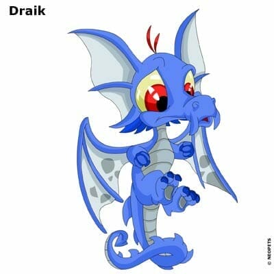 Image of Neopets character Draik, a dark-blue dragon with red eyes who sits on its tail.