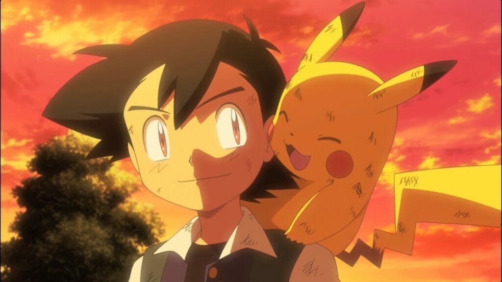 Ash Ketchum - a boy with shaggy black hair, smiles at the Pikachu on his shoulder, who is smiling back. The two are visibly beaten up as the sun sets on them.
