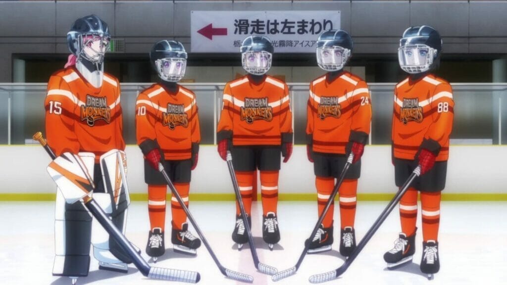 Screenshot from PuraOre - Pride of Orange that depicts five girls in orange hockey uniforms