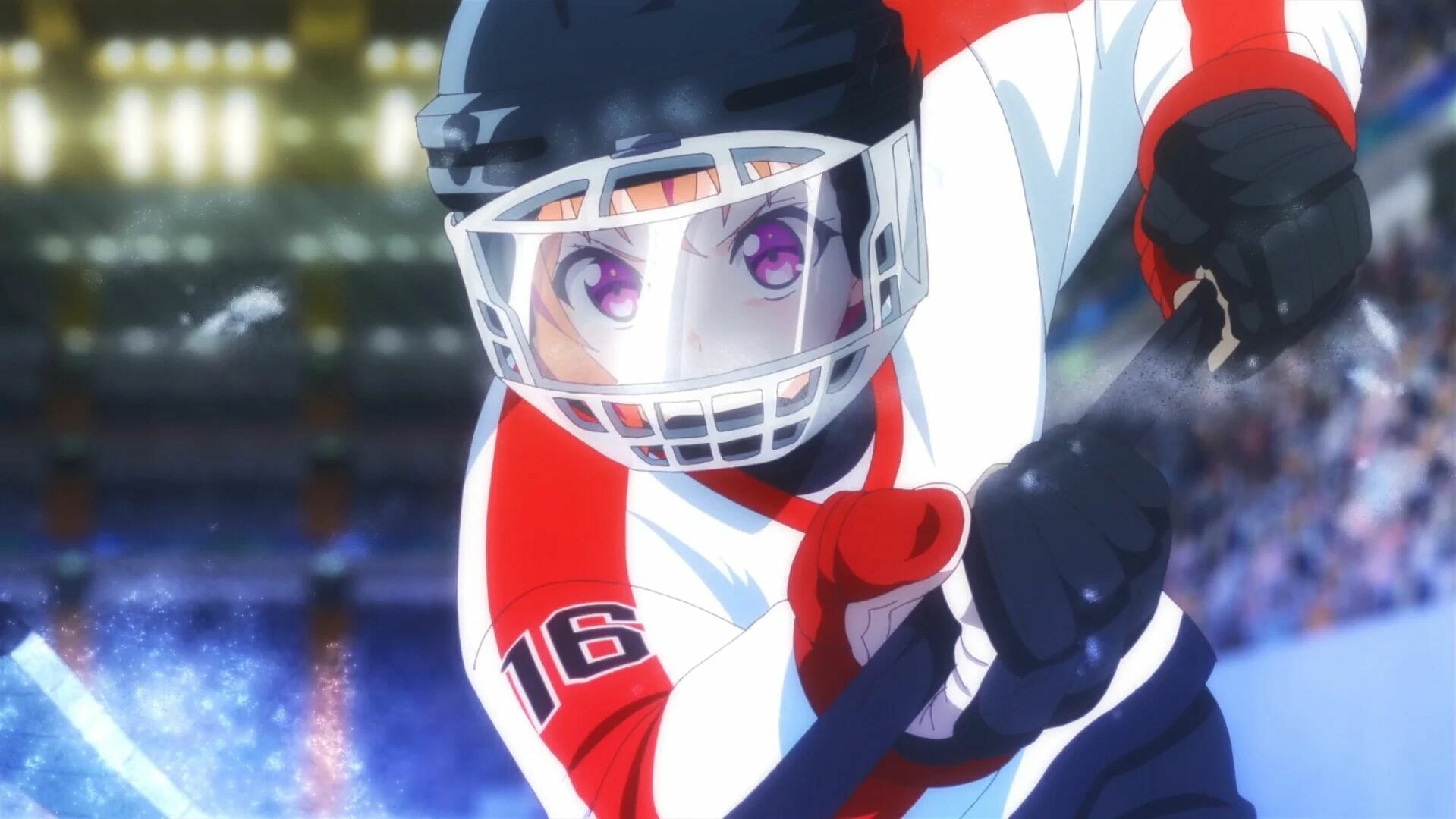Screenshot from PuraOre! Pride of Orange that depicts a girl in a red-and-white hockey uniform.
