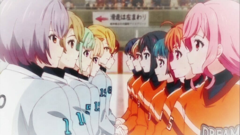 Screenshot from PuraOre! Pride of ORange that depicts five girls in orange hockey uniforms and five in white uniforms facing off against each other.