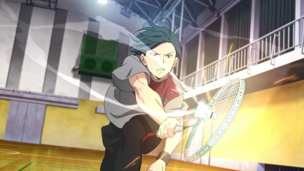Screenshot from Salaryman's Club that depicts a green-haired man hitting a badminton shuttlecock with his racket.