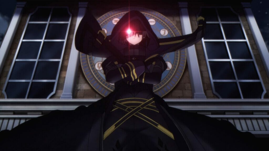 Screenshot from The Eminence In Shadow. Cid, a man dressed in a cloak, as he poses dramatically against a building. His right eye glows a brilliant read as he glares down against an unknown foe.