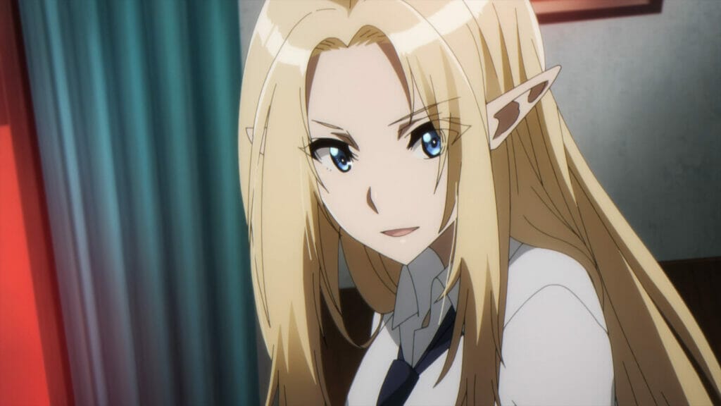 Screenshot from the Eminence In Shadow of Alpha, a woman with long, blonde hair, who is wearing a white blouse and black tie. She's smirking as she talks to someone offscreen.