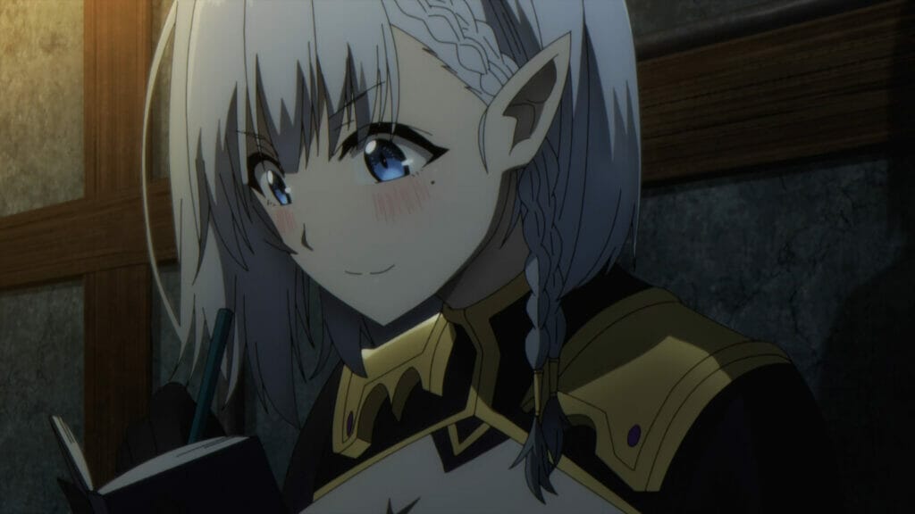 Screenshot from the Eminence In Shadow of Beta, a woman with shoulder-length silver hair, as well as a side braid that extends to her collarbone. She's wearing a black and gold suit, and blushing as she writes furiously into a diary.