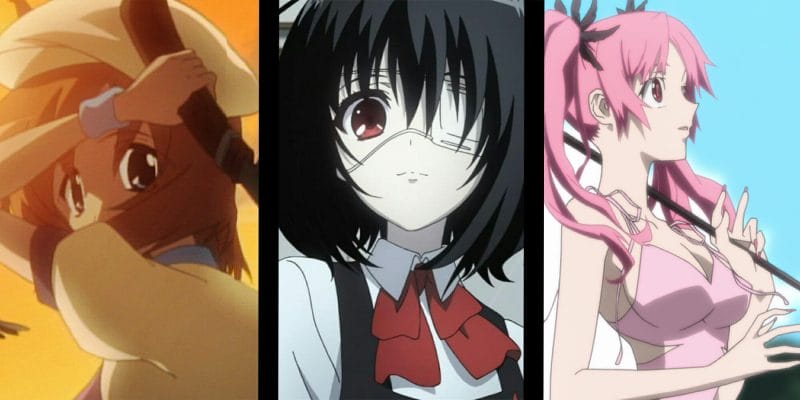 Composite image showing the poster characters from When They Cry, Another, and Shiki side by side