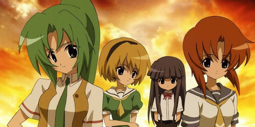 Promotional image for Studio DEEN's When They Cry featuring four main characters standing against a vibrant sunset
