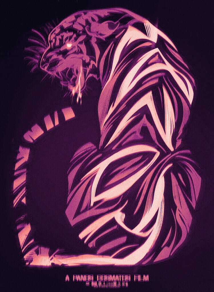 A neon-pink and purple painting of a tiger. Text: A Pands Cosmatos Film
