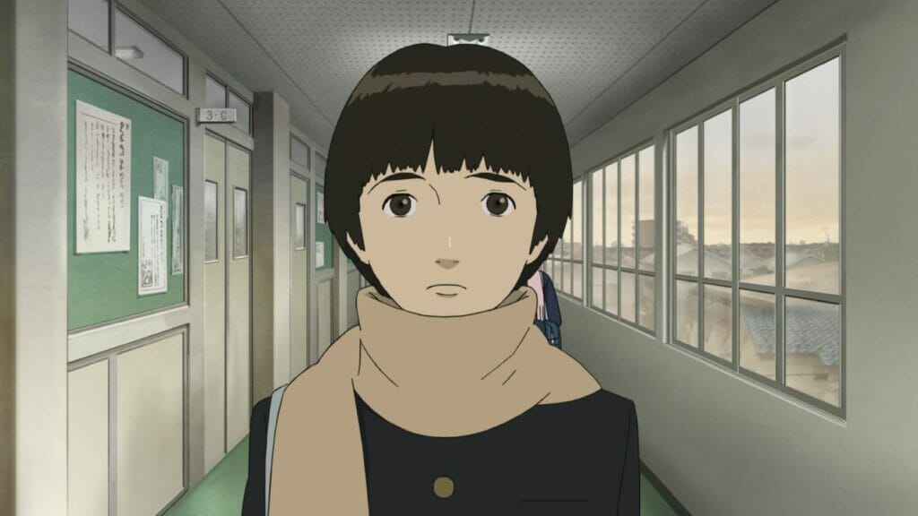 Image of Makoto Kobayashi from Colorful, a dark-haired teenage boy with a somber expression. He is wearing a beige scarf and a black coat.