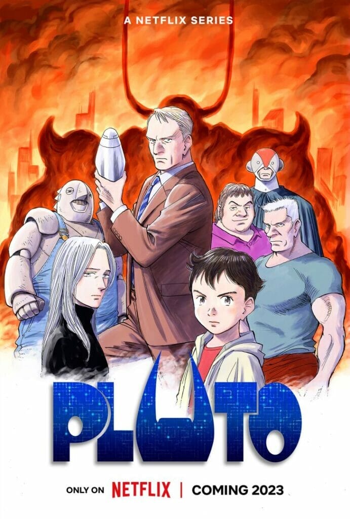 Key visual for the Pluto anime, which depicts the main cast standing before the flaming silhouette of a giant robot. 
